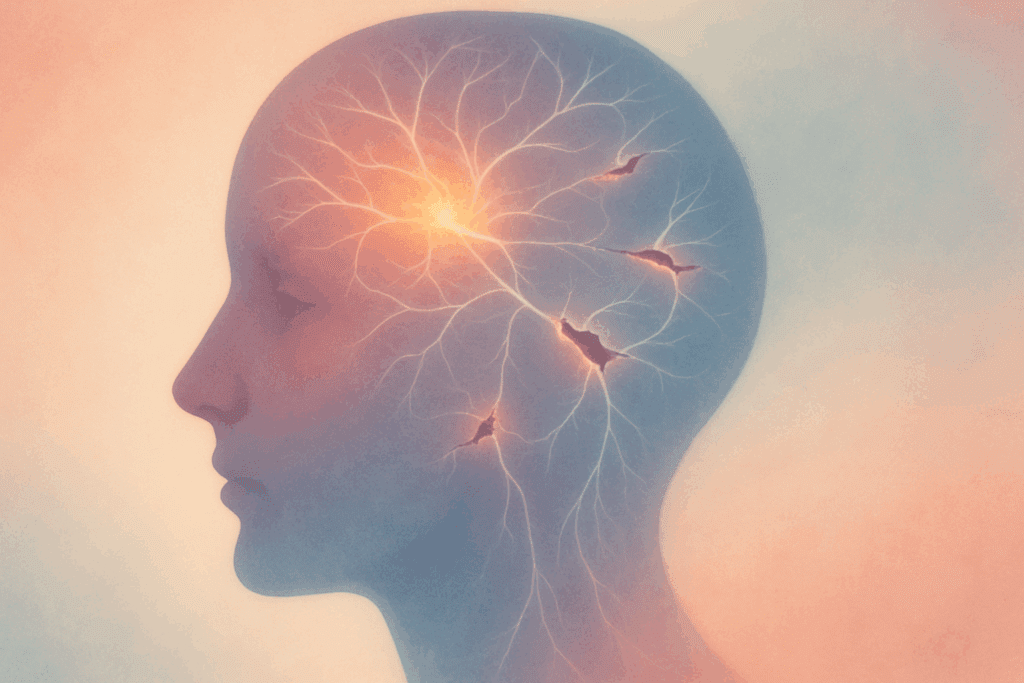 Neural pathways inside a translucent human head with visible disconnections, symbolizing early signs of dementia and inappropriate behavior.
