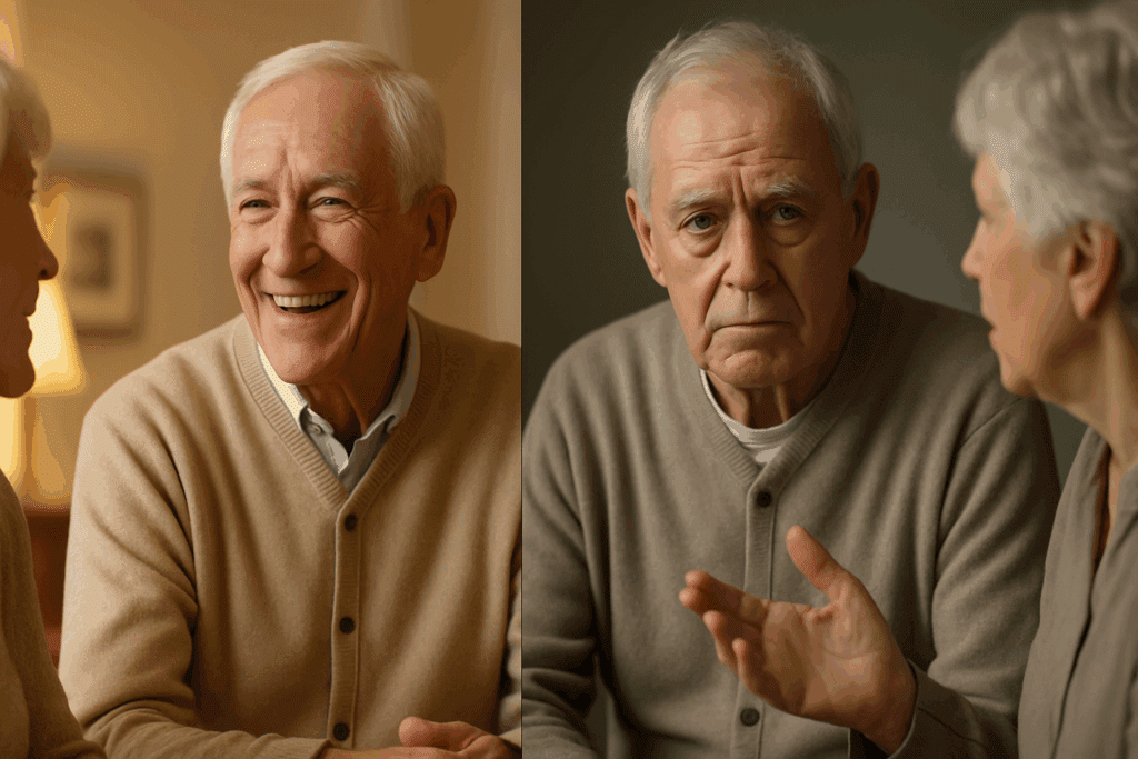 Older adult engaging happily in conversation contrasted with the same individual showing confusion and withdrawal, illustrating early signs of dementia and inappropriate behavior.