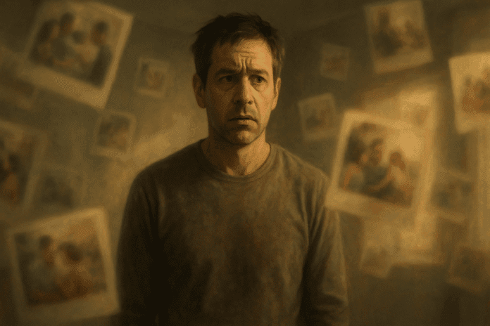 Middle-aged man standing alone in a dimly lit room with blurred, floating memories, symbolizing early onset dementia confusion and determination.