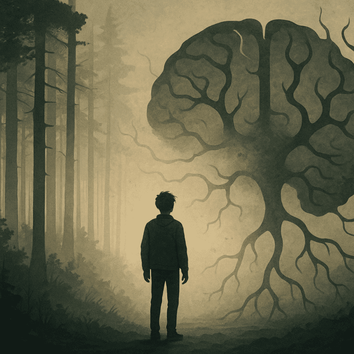 Young adult standing at the edge of a foggy forest where trees transform into neuron shapes, symbolizing cognitive decline and questioning when does early onset dementia start.