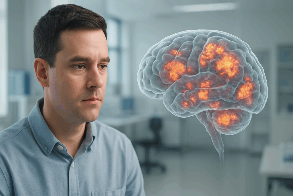 Young man in a modern research lab examining a holographic 3D brain model showing early degeneration, illustrating when does early onset dementia start.