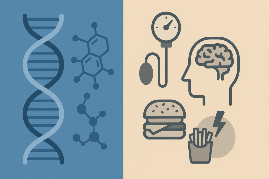 Split-screen illustration showing genetic factors like a DNA helix and molecular structures alongside lifestyle risks such as high blood pressure, unhealthy food, and brain injury, explaining when does early onset dementia start.