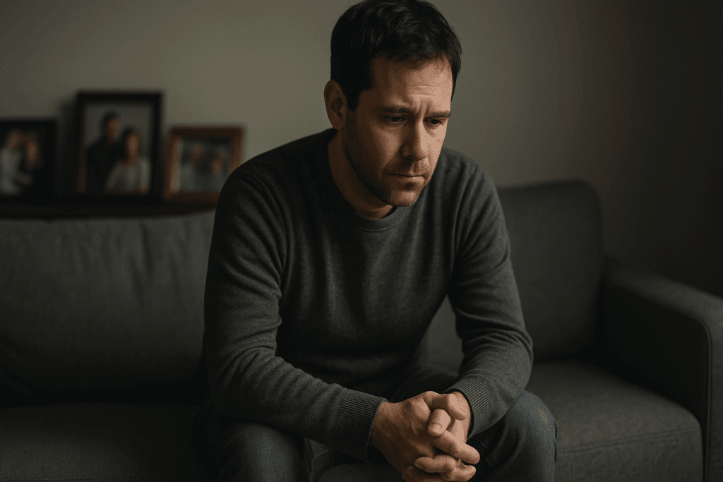 Young adult man sitting alone on a gray couch, reflecting in a dimly lit living room with blurred family photos behind him, symbolizing memory loss and the emotional impact of when does early onset dementia start.