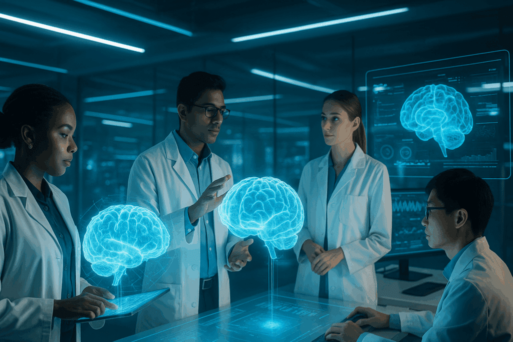 Futuristic research lab with diverse scientists examining 3D brain holograms and data projections, exploring when does early onset dementia start.