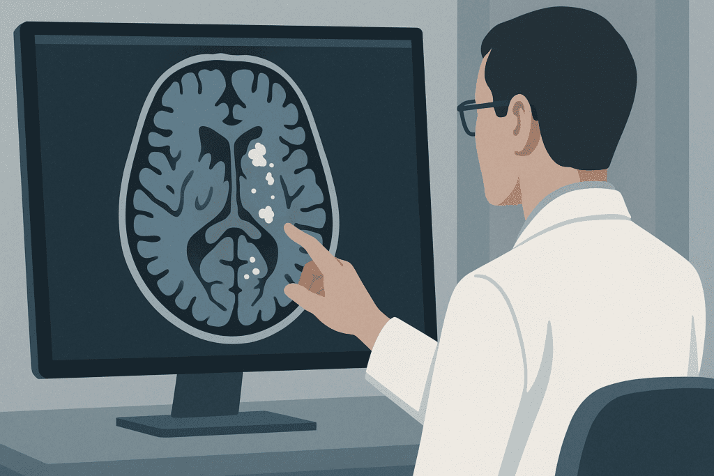 Brain scan monitor showing early plaque buildup analyzed by doctor in a clinical setting, illustrating when does early onset dementia start.
