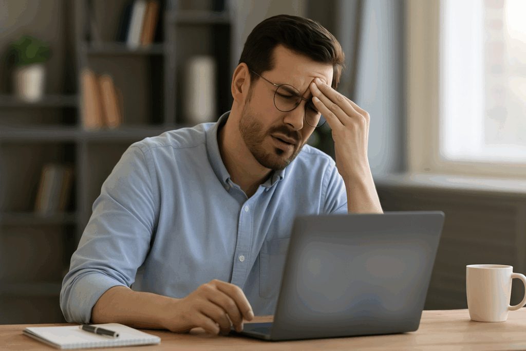 Young professional struggling with blurred vision and memory issues at work, illustrating when does early onset dementia start symptoms.