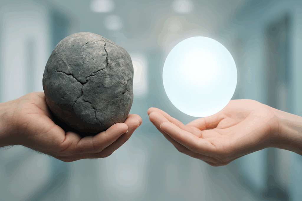 Two hands exchange a cracked stone and a glowing orb, symbolizing the DSM-5 Dementia Diagnosis Criteria modernization.