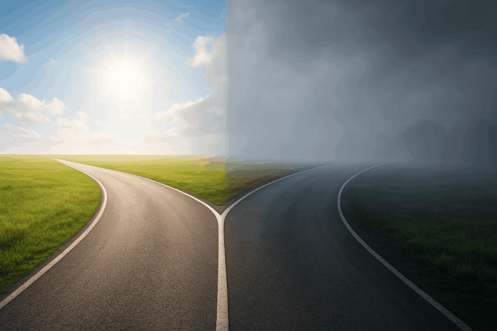 Divided road symbolizing DSM-5 Dementia Diagnosis Criteria, with one bright clear path for mild neurocognitive disorder and one foggy dark path for major neurocognitive disorder.