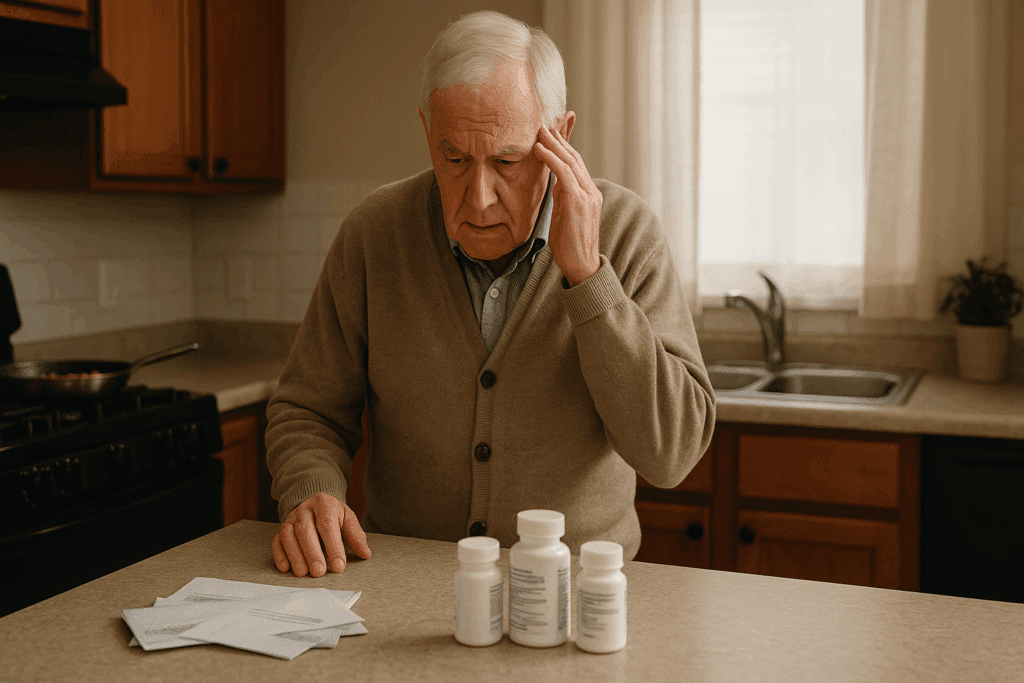 Elderly man looking confused at medication bottles and unopened mail in kitchen, illustrating DSM-5 Dementia Diagnosis Criteria.