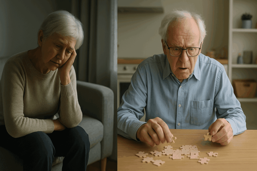 Split-scene showing elderly patients illustrating DSM-5 Dementia Diagnosis Criteria, with one displaying depression and the other early cognitive decline.