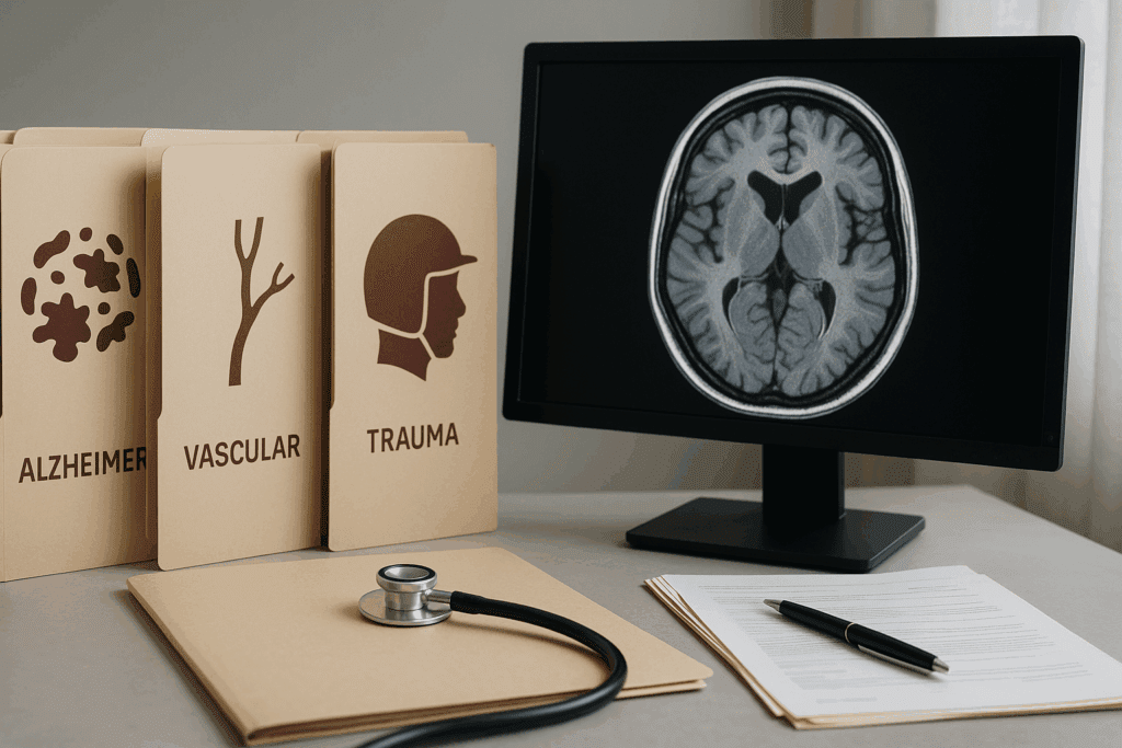 Doctor’s desk with brain MRI on a monitor and medical folders illustrating Alzheimer’s, vascular disease, and trauma for DSM-5 Dementia Diagnosis Criteria.