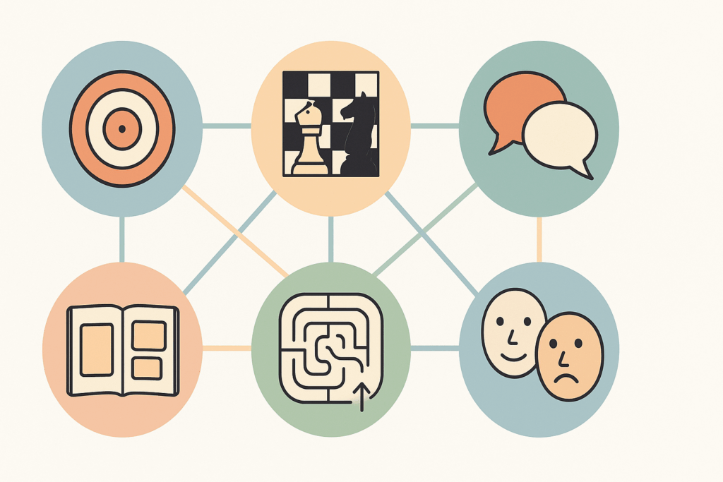Six interconnected spheres visually representing cognitive domains—attention, executive function, memory, language, perceptual-motor skills, and social cognition—for DSM-5 Dementia Diagnosis Criteria.