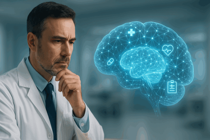 Thoughtful doctor analyzing a glowing digital brain hologram symbolizing DSM-5 Dementia Diagnosis Criteria in a modern clinical setting.