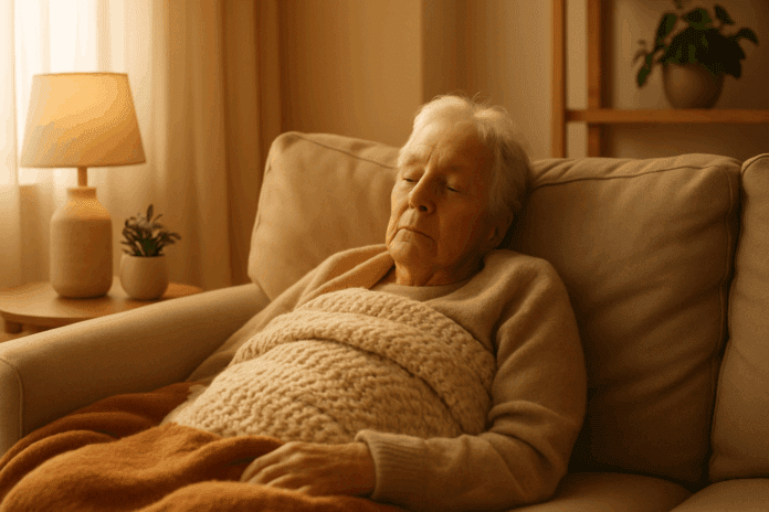 Elderly person peacefully napping in a warm sunlit living room, illustrating the question: do people with dementia sleep a lot.
