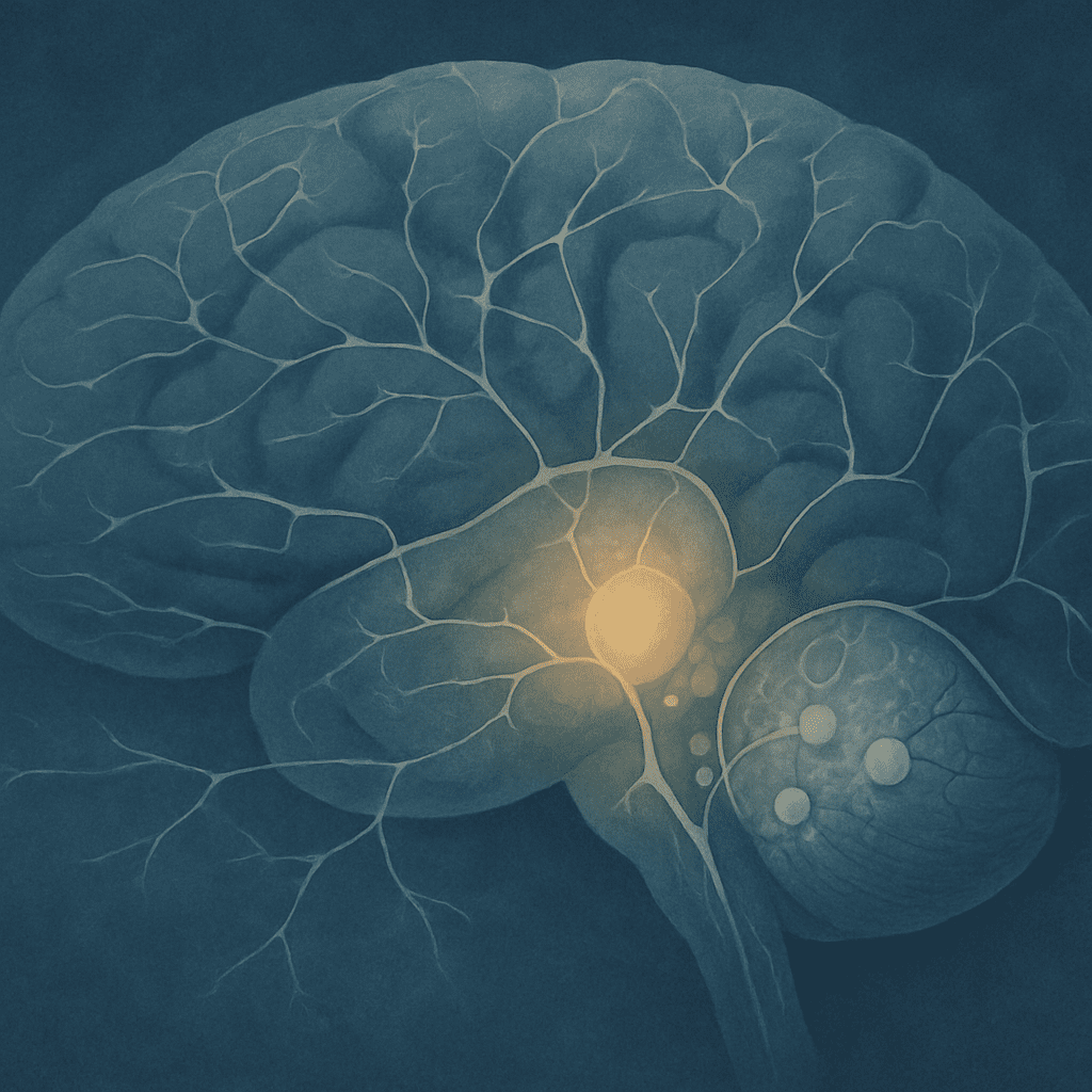 Conceptual illustration of the human brain showing disrupted circadian rhythm centers, visualizing why do people with dementia sleep a lot.
