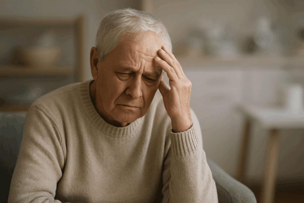 Elderly man with visible fatigue sitting in a chair, holding his head in his hand, illustrating do people with dementia sleep a lot concerns.