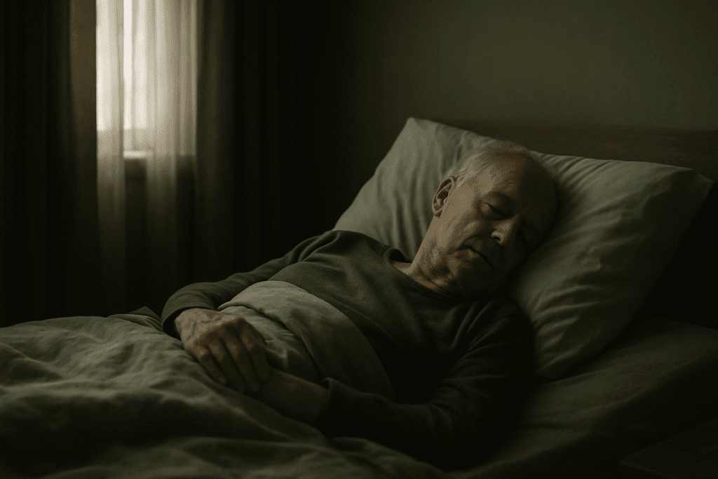 Elderly man sleeping in a dim bedroom during the day, illustrating do people with dementia sleep a lot symptoms of cognitive decline.