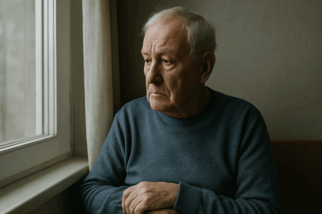 Elderly man with a neutral expression gazing out of a window, hands folded in his lap, illustrating emotional withdrawal and the question do people with dementia sleep a lot.
