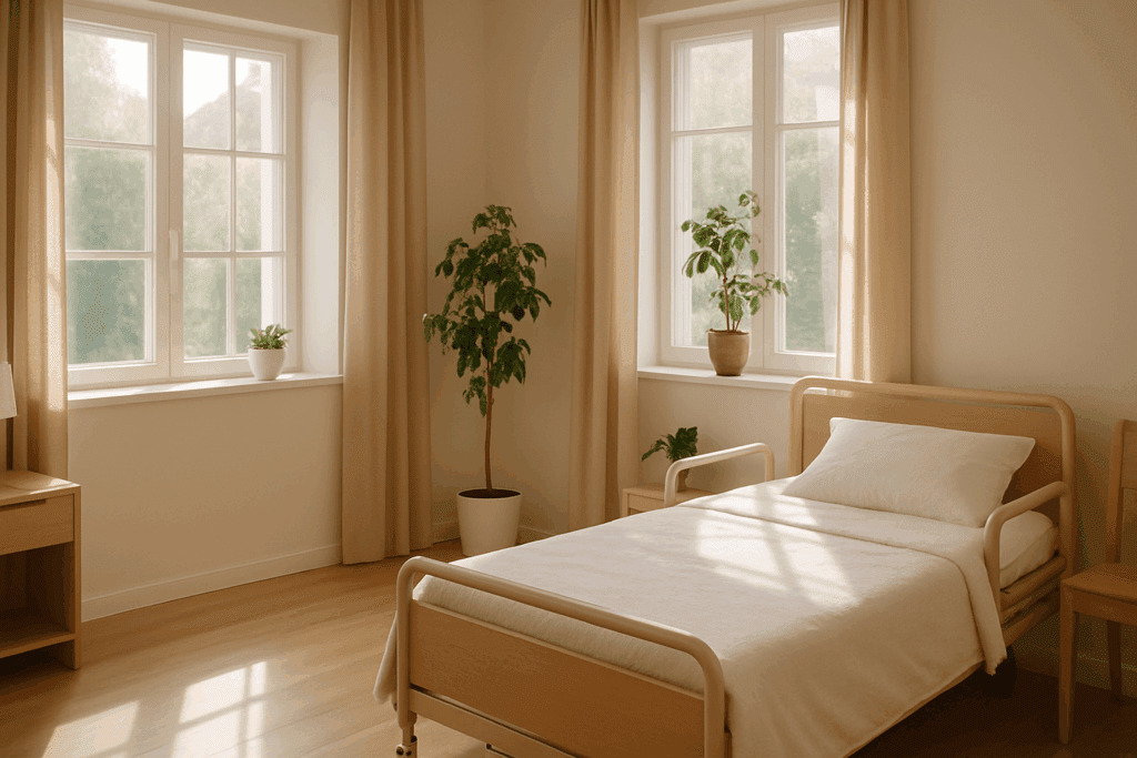 Bright bedroom with sunlight streaming through large windows, a cozy bed, and houseplants, creating a peaceful space related to do people with dementia sleep a lot.