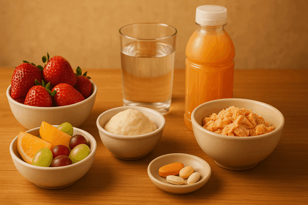 Variety of soft foods, fruits, hydration drinks, and supplements on a wooden table supporting elderly nutrition needs related to do people with dementia sleep a lot.