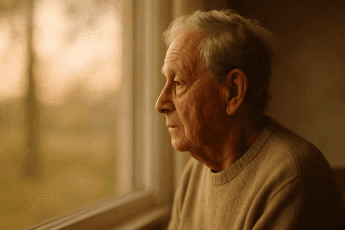 Elderly man gazing thoughtfully out a softly lit window, symbolizing memory loss and the question do people with dementia know they have it.