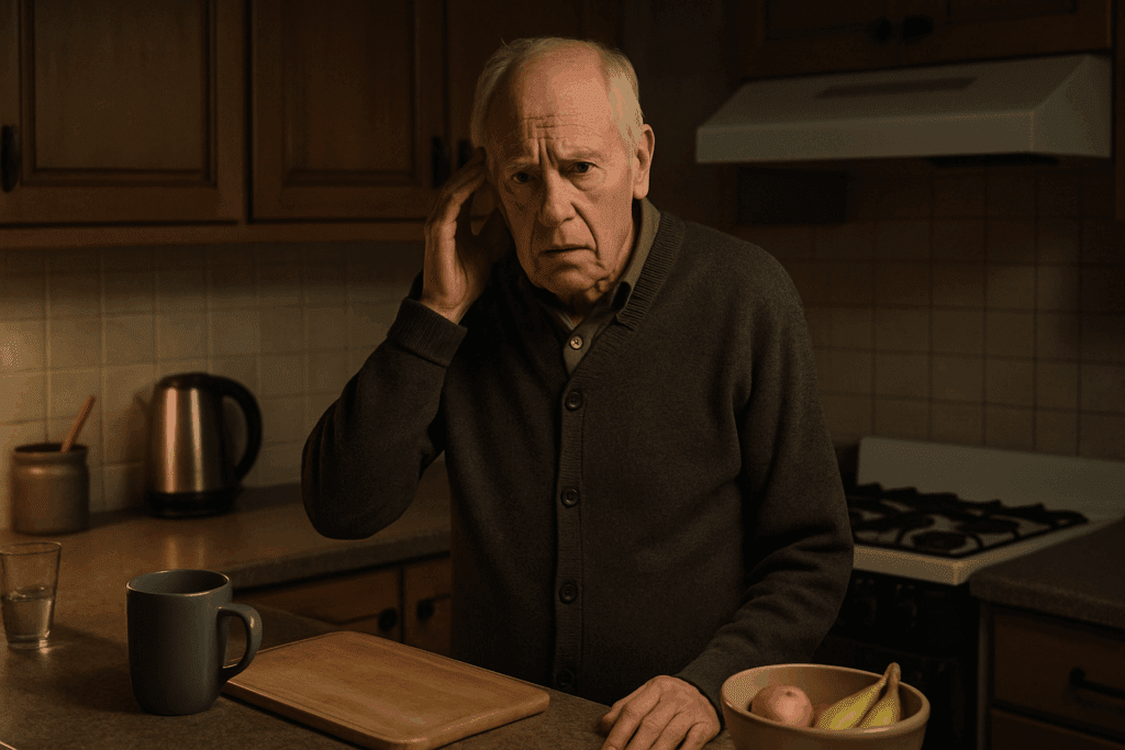 Confused elderly man standing in a kitchen, staring at familiar objects with a disoriented expression, symbolizing the uncertainty captured by the question do people with dementia know they have it.