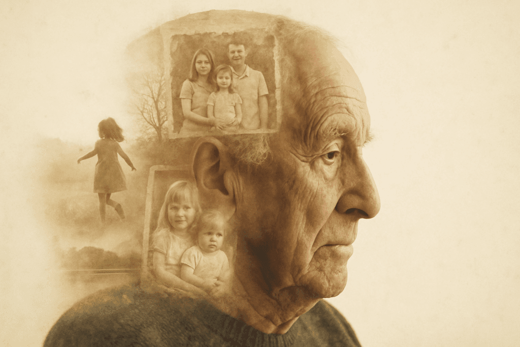 Elderly man’s thoughtful face blended with childhood memories and nature scenes, illustrating do people with dementia know they have it.