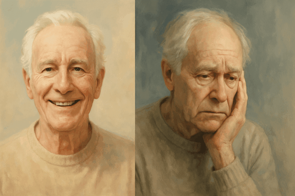 Split-screen of an elderly man smiling confidently and looking withdrawn, symbolizing internal conflict in do people with dementia know they have it.
