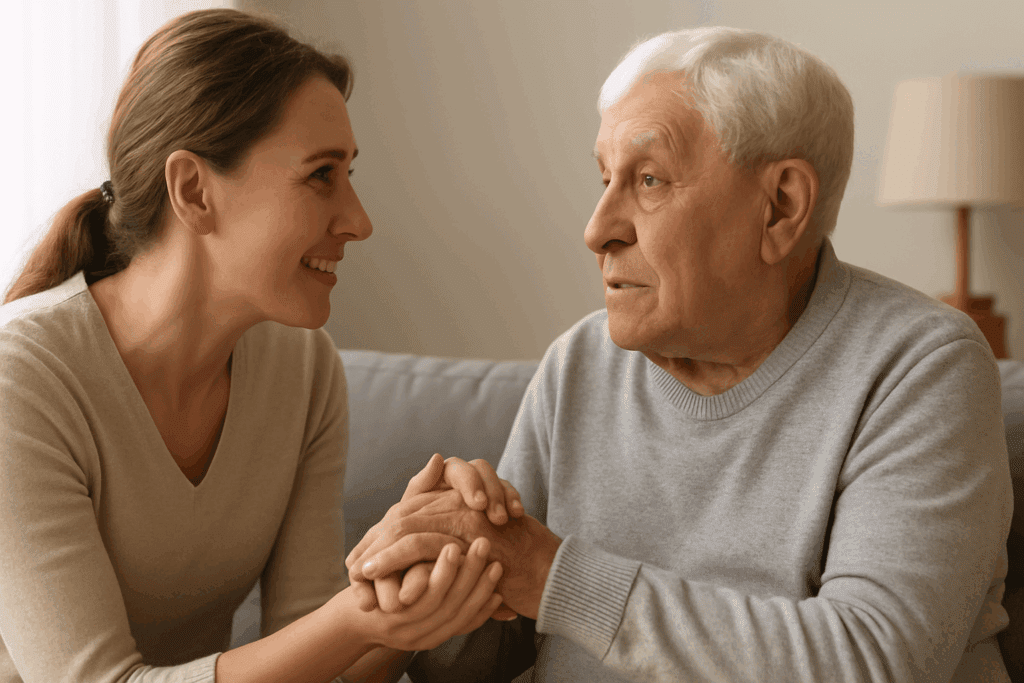 Caregiver gently holding elderly man's hands while speaking with empathy, illustrating emotional support and communication challenges related to do people with dementia know they have it.
