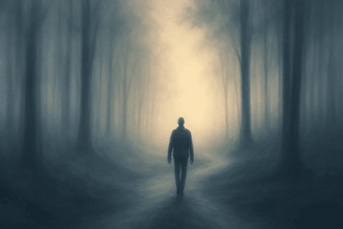 Solitary figure walking through a misty forest symbolizing depression and cognitive impairment, moving toward a bright, hopeful horizon.