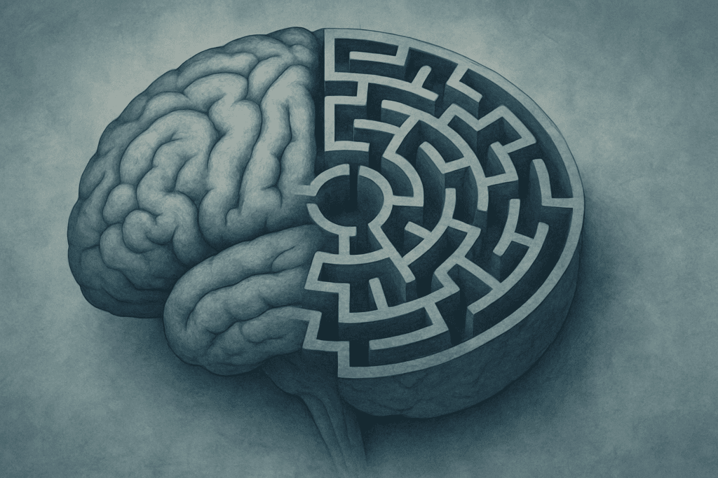 Conceptual illustration of depression and cognitive impairment showing a human brain transforming into a complex maze in muted gray and blue tones.
