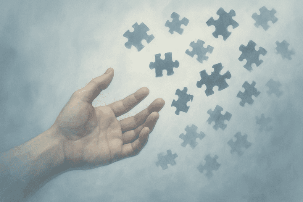 Hand reaching toward floating puzzle pieces against a soft blue-gray background, symbolizing memory loss and cognitive disruption in depression and cognitive impairment.