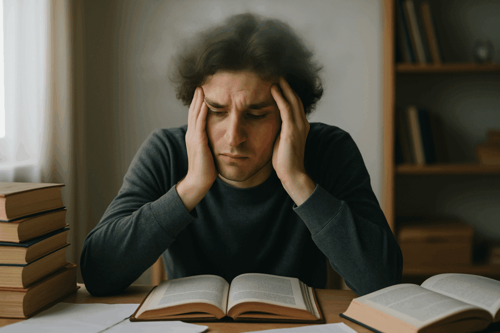 Young adult overwhelmed at cluttered desk, surrounded by books and papers, showing visible signs of depression and cognitive impairment.