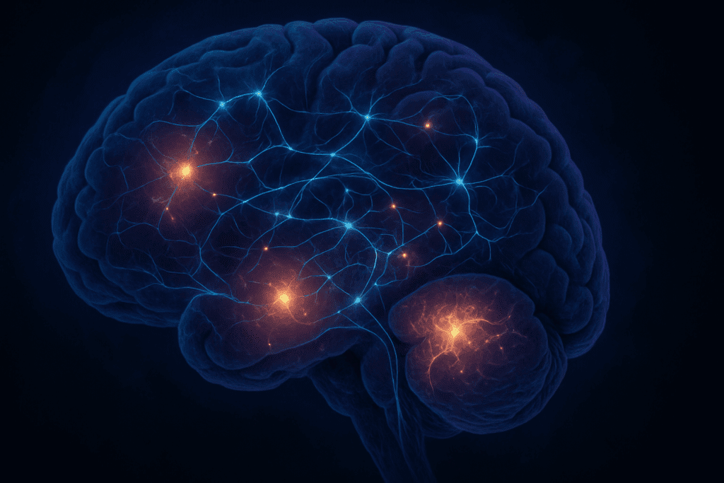 Digitally illustrated brain showing disrupted neural connections in the prefrontal cortex, hippocampus, and amygdala, representing depression and cognitive impairment.