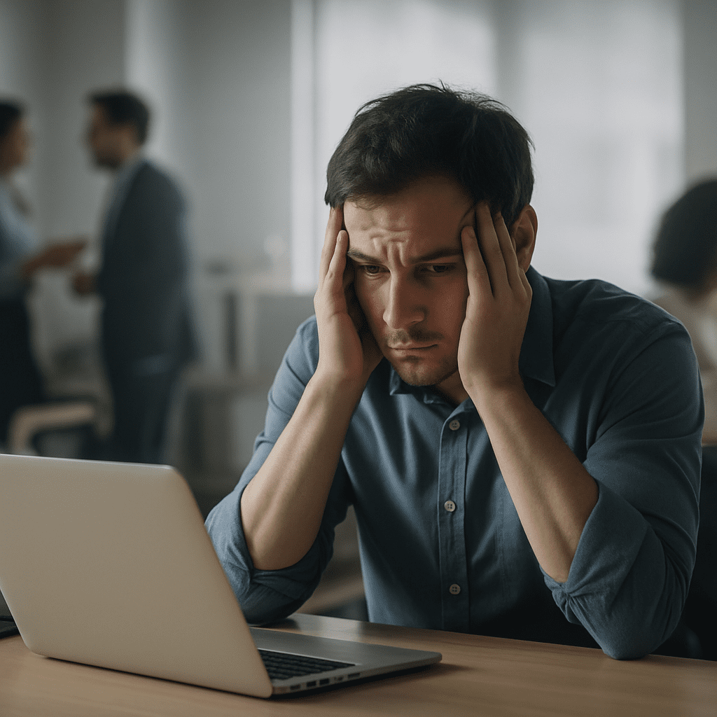 Distracted office worker struggling with depression and cognitive impairment while colleagues collaborate in the background.