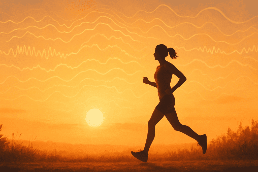 Jogger running at sunrise under warm orange sky with brainwave patterns, symbolizing recovery from depression and cognitive impairment.