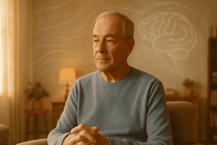 An older adult sitting peacefully in a sunlit room, calmly reflecting with abstract imagery in the background. The image evokes a sense of dignity and tranquility, subtly suggesting cognitive changes, aligning with the theme of dementia without behavioral disturbance.