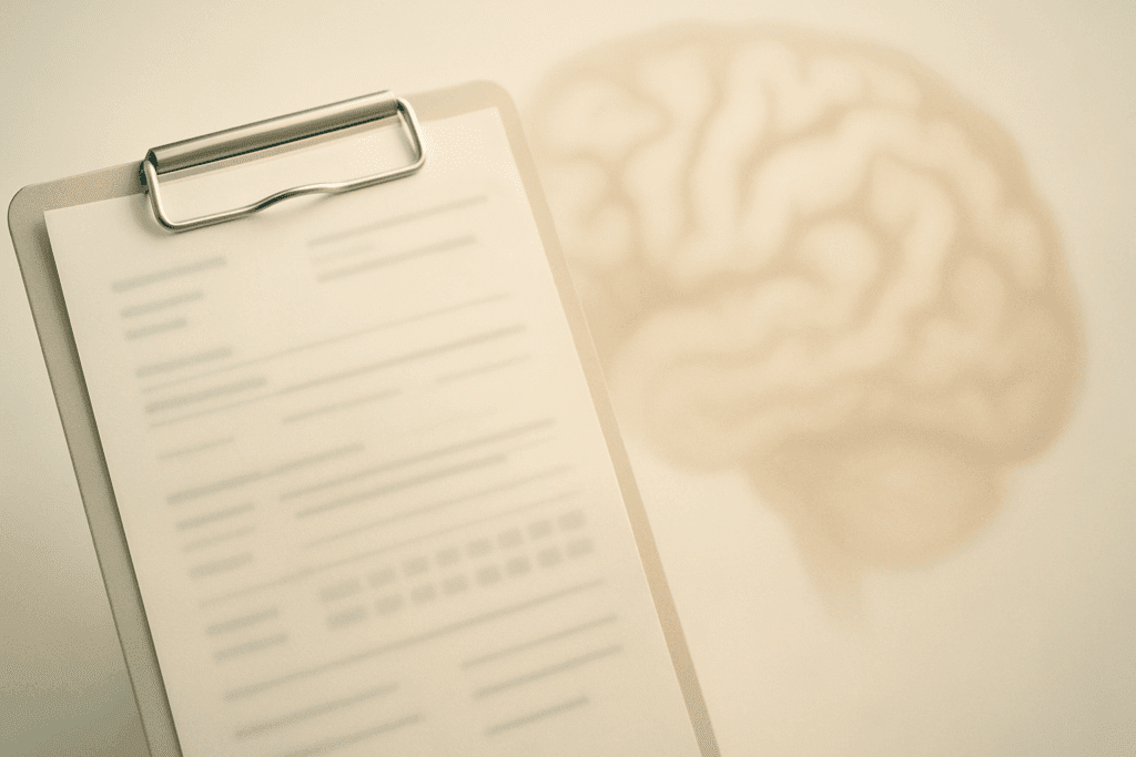 Medical clipboard with blurred information and abstract brain imagery in the background, symbolizing dementia without behavioral disturbance and an incomplete diagnosis.