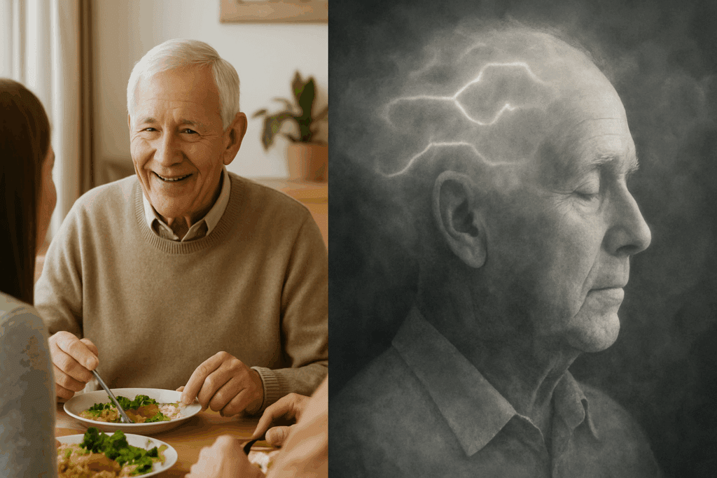 Side-by-side comparison of an elderly person with dementia without behavioral disturbance, enjoying a meal with family, and an abstract representation of cognitive decline, with neural pathways subtly glowing around their head.