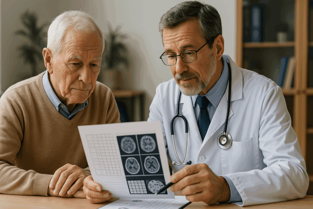 A compassionate doctor and elderly patient discussing a brain scan, highlighting the challenges in diagnosing dementia without behavioral disturbance. The doctor attentively points to the scan, offering a calm, professional consultation.