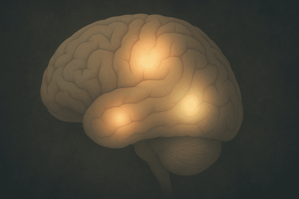 Conceptual illustration of a human brain with glowing regions highlighting memory, executive function, and attention, subtly visualizing cognitive decline in dementia without behavioral disturbance.