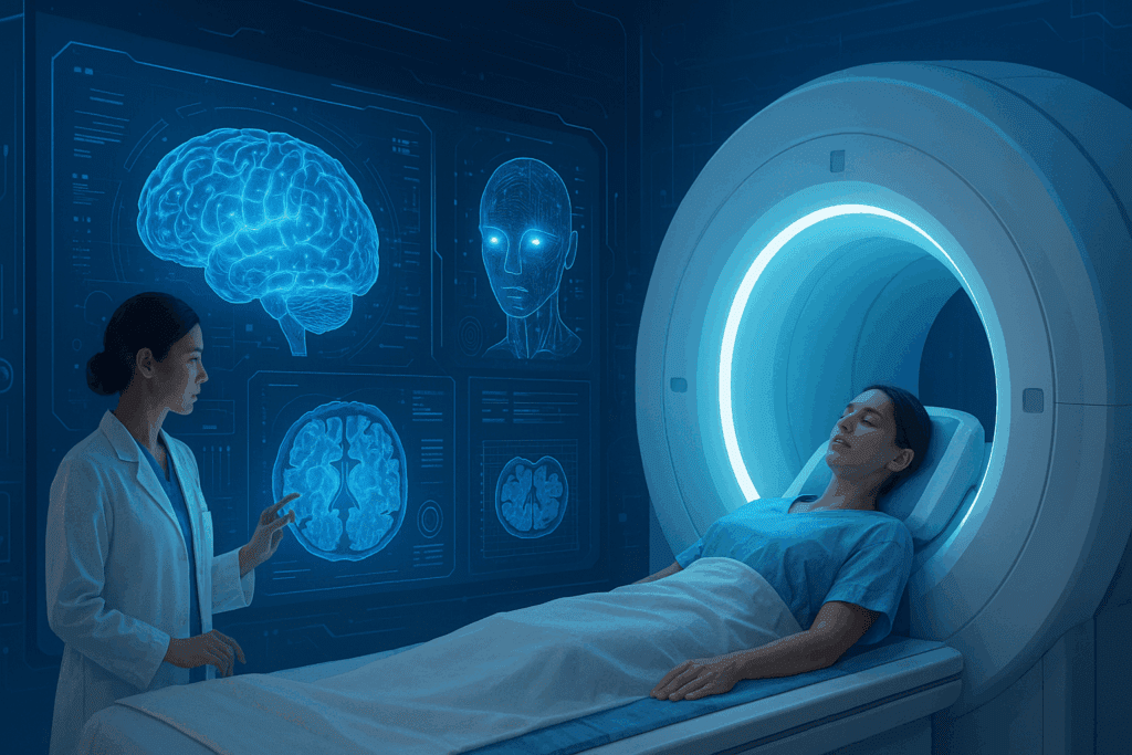 Advanced healthcare setting with AI analyzing brain health, showing cognitive analysis of a patient in a futuristic MRI machine, highlighting dementia without behavioral disturbance diagnosis.