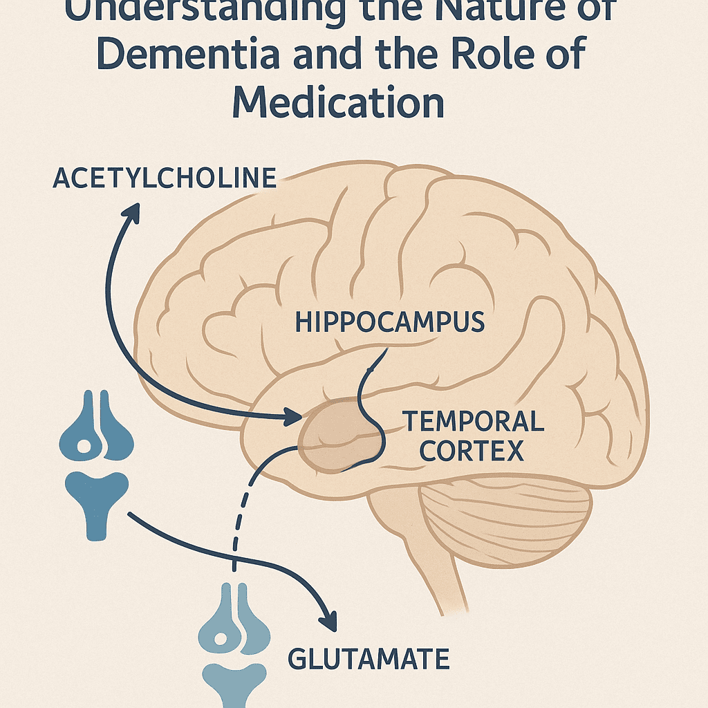 Diagram illustrating areas of the brain affected by dementia, including the hippocampus and frontal cortex, with pathways showing neurotransmitter imbalances like acetylcholine and glutamate, highlighting the biological underpinnings relevant to the best medication for dementia.