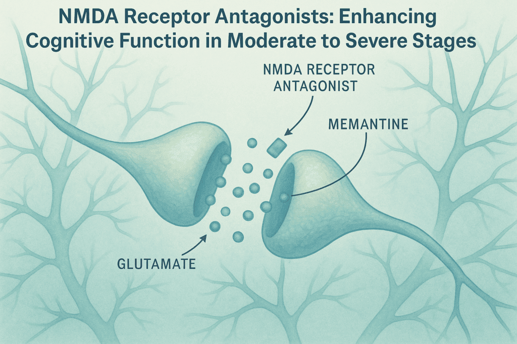 Illustration depicting how NMDA receptor antagonists like memantine interact with brain neurons, highlighting the balance of glutamate activity and protecting cognitive function in moderate to severe stages of dementia, emphasizing the best medication for dementia.