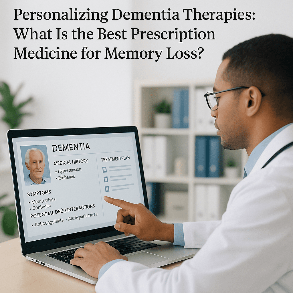 Healthcare professional reviewing a dementia patient's digital medical chart, personalizing a treatment plan to find the best medication for dementia based on medical history, symptoms, and drug interactions.