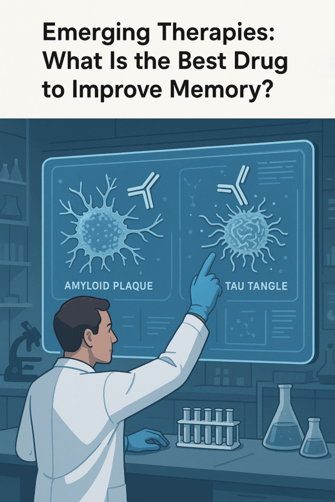 Scientist in a lab examining the best medication for dementia, targeting amyloid plaques and tau tangles with monoclonal antibodies, showcasing advanced treatments for cognitive decline.