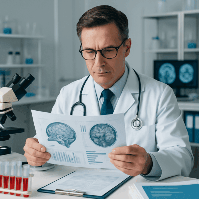 Doctor analyzing brain health report in a modern laboratory setting, with microscopes, test tubes, and medical charts, during a dementia workup.
