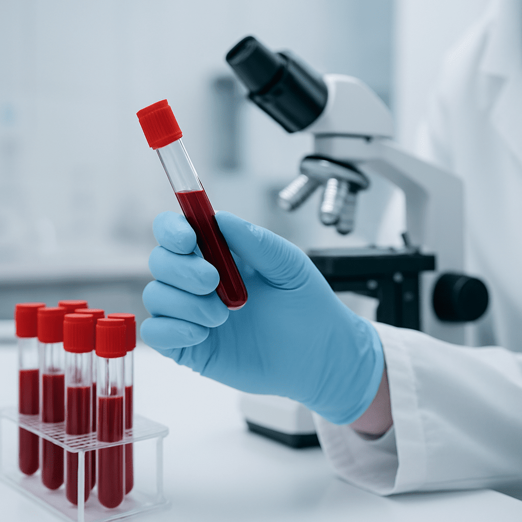 Laboratory technician holding a test tube with blood sample in a clean, clinical setting, illustrating the importance of laboratory testing in a dementia workup.
