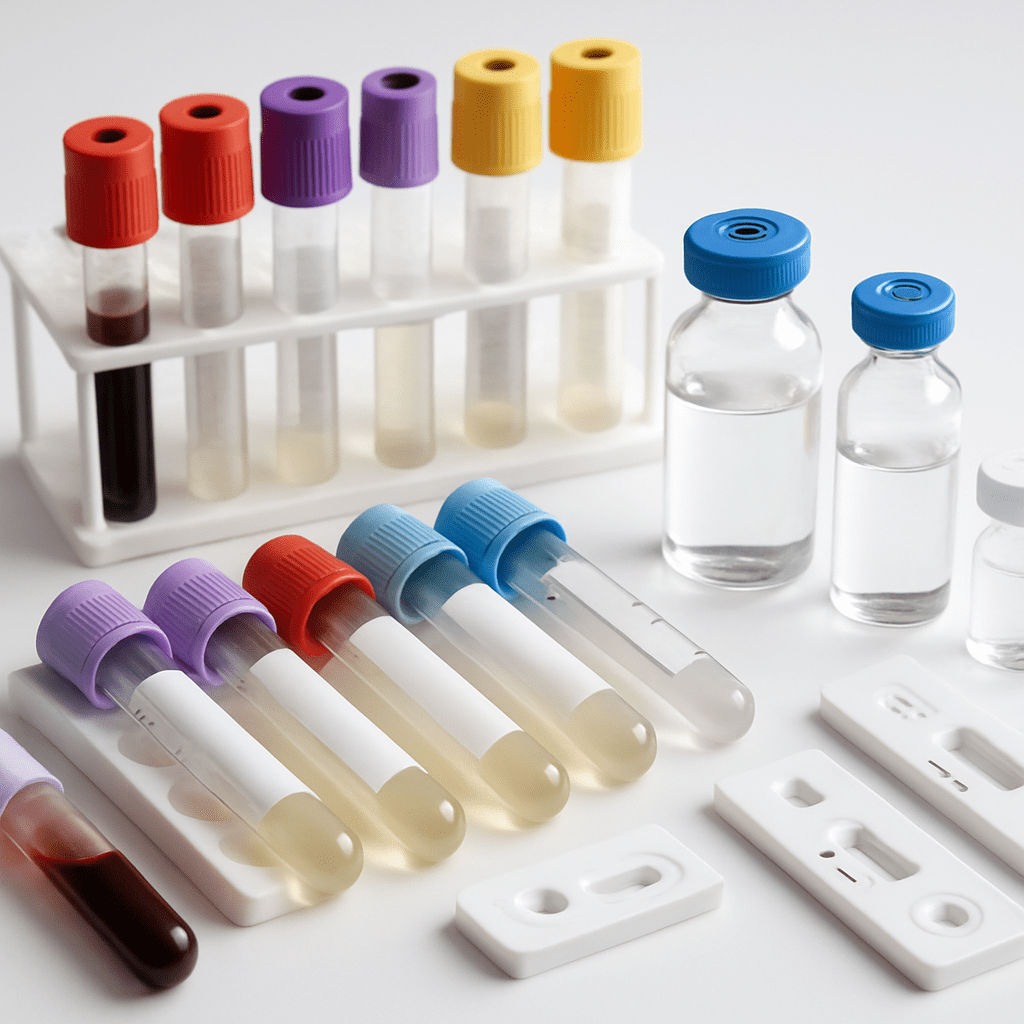 Laboratory diagnostic tools arranged neatly for a dementia workup, including blood collection tubes, glass vials, and diagnostic kits, highlighting key tests like CBC, metabolic panels, and thyroid function analysis.