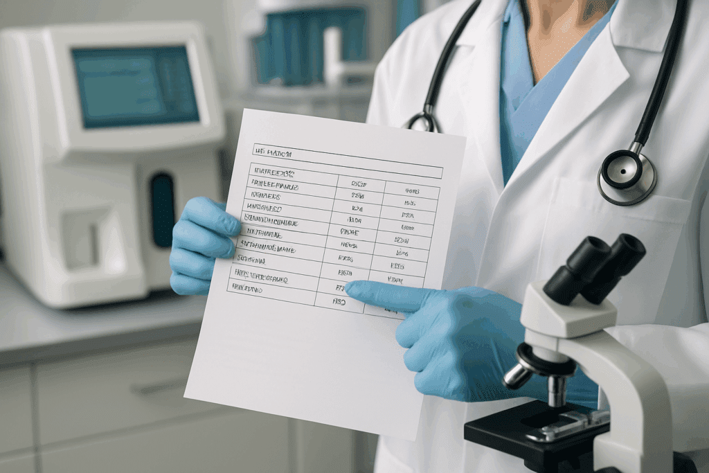 Healthcare professional holding a lab report and pointing at specialized dementia workup test results in a high-tech lab setting with advanced diagnostic equipment.